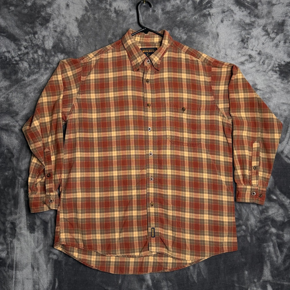 Woolrich John Rich & Bros Mens Plaid Flannel Button Down Shirt Rust Brown XL